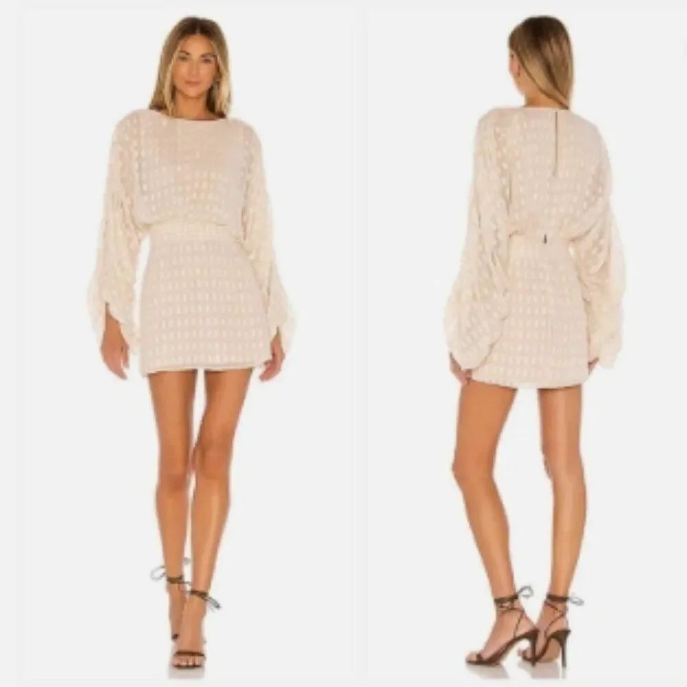 Like New! House Of Harlow 1960 Nika Mini Dress with Sheer Sleeves Champagne in M